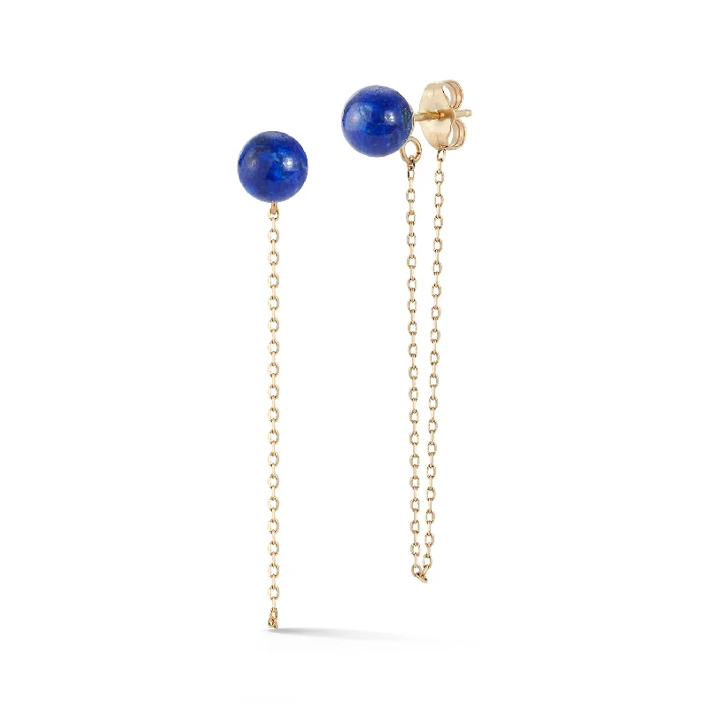 Ladies asymmetrical stud earrings -14kt Lapis Stud with Chain drop earrings