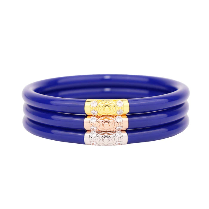 Ladies delicate floral charm bracelets -BuDhaGirl Lapis Three Kings All Weather Bangles