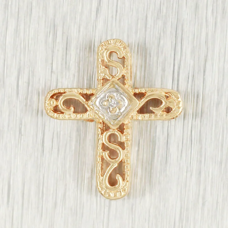 Ladies geometric pendant necklaces -Vintage Small Diamond Cross Charm | 14k Yellow Gold Pendant