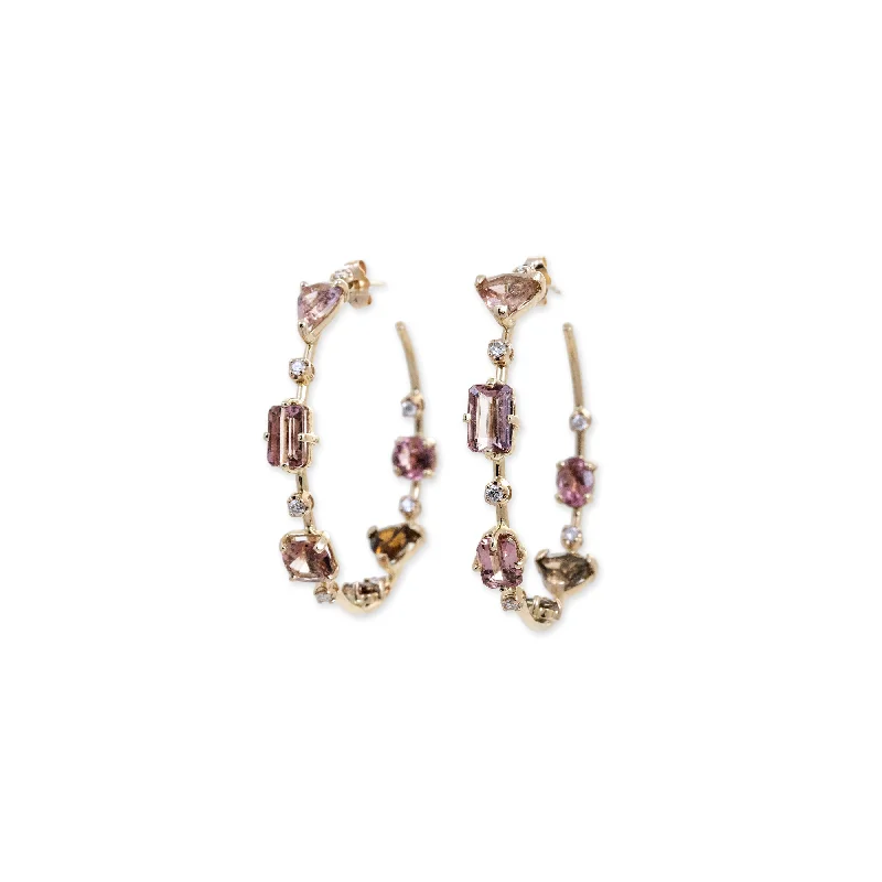 Delicate silver hoop earrings for ladies -PINK TOURMALINE + GRADUATED DIAMOND SOPHIA HOOPS