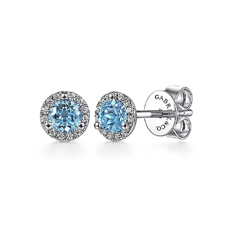 Modern diamond chandelier earrings for ladies -14K White Gold Swiss Blue Topaz And Diamond Halo Earrings