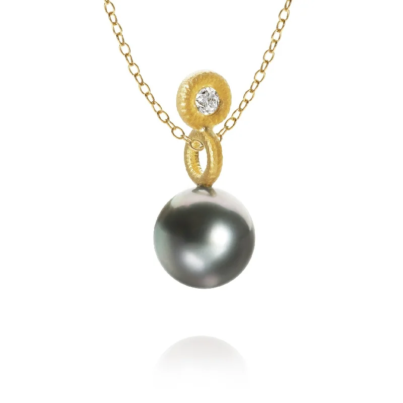 Ladies rose quartz necklaces -Glory Balance 18K Gold Pendant w. Diamond & Tahiti Pearl