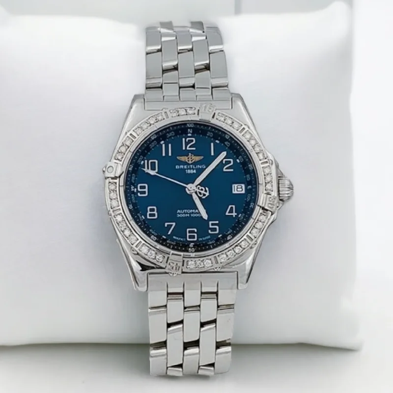 Ladies elegant amethyst engagement rings -Men's Breitling A10350 Wings 38mm Stainless Steel Watch with Blue Dial and Diamond Bezel. (Pre-Owned)