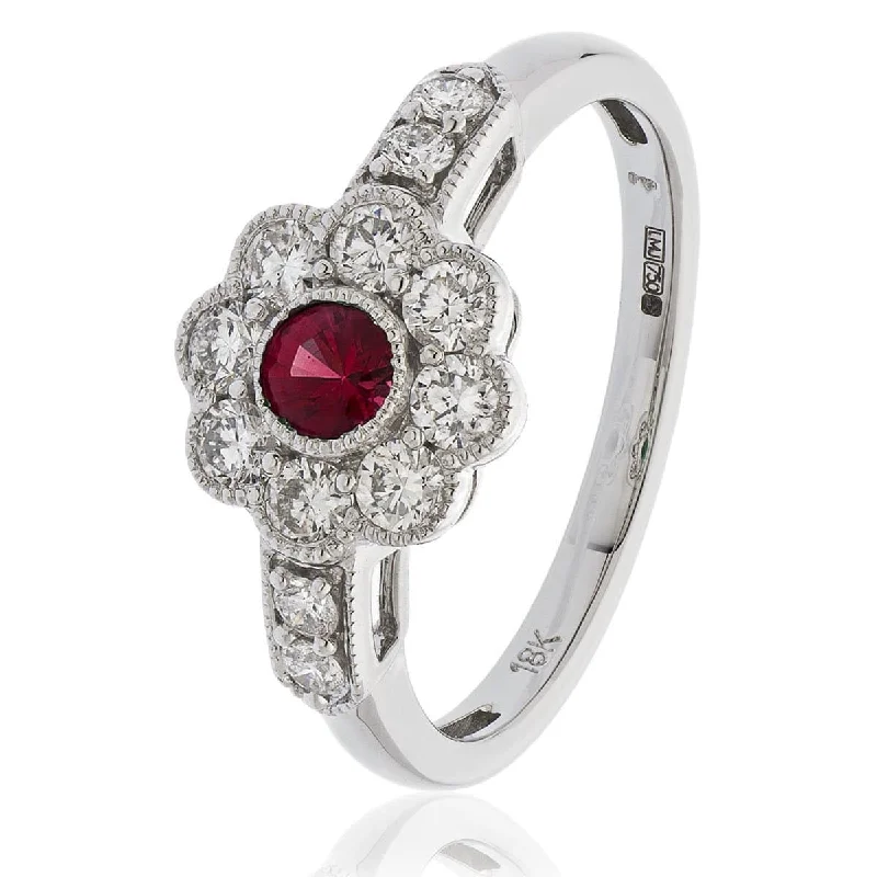 Ladies floral oval engagement rings -18ct White Gold Ruby Cluster Ring with Side Diamonds