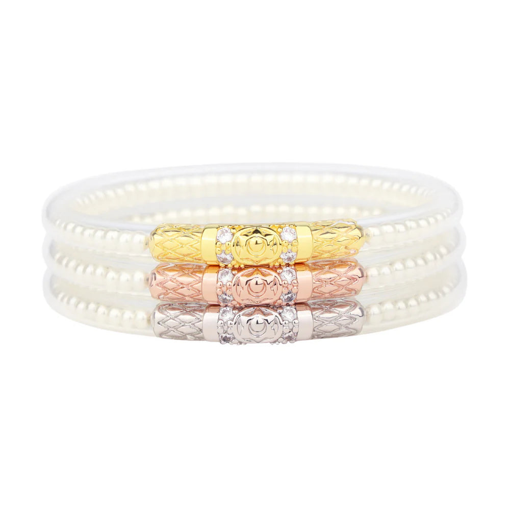 Trendy gold chain bracelets for women -BuDhaGirl Three Queens All Weather Bangles - White Pearl