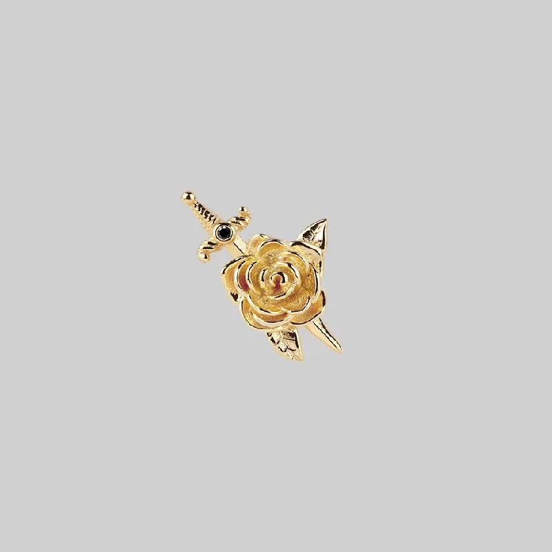 Ladies floral stud earrings -RHAPSODY. Dagger Through Rose Stud Earring - Gold