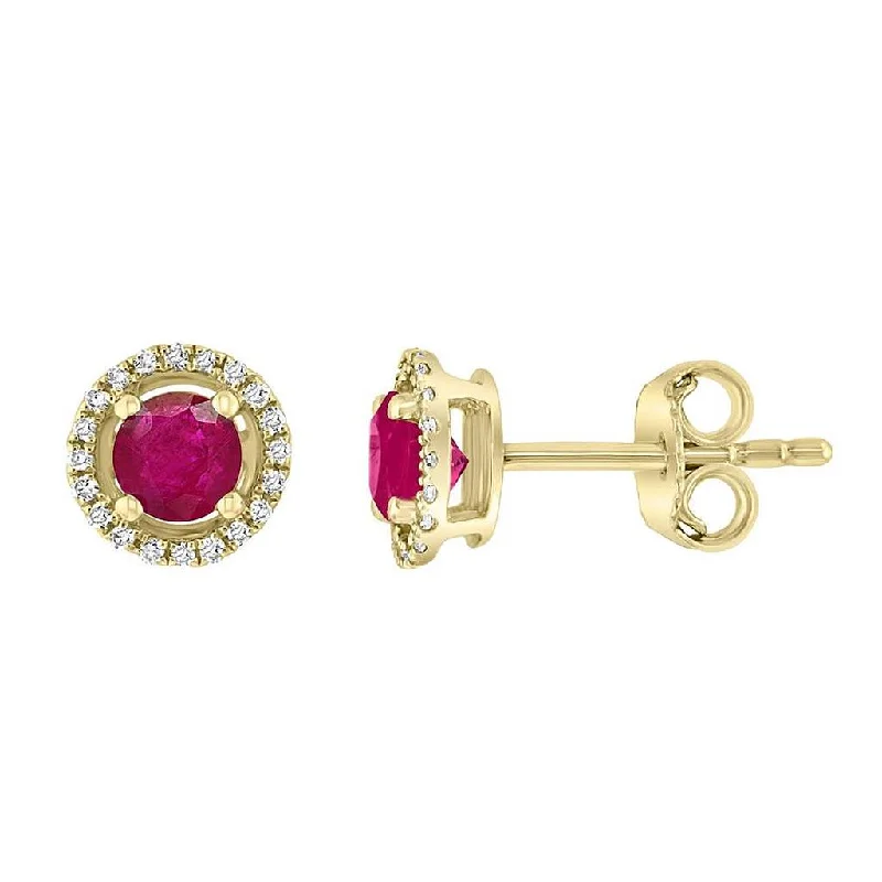 Ladies boho-inspired chain earrings -July Birthstone Earrings: 14K Yellow Gold Diamond Halo Ruby Earrings