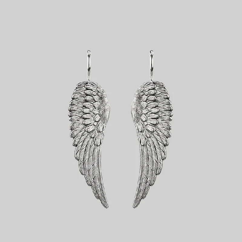 Ladies trendy tassel hoop earrings -FALLEN SAINT. Angel Wing Hoop Earrings - Silver