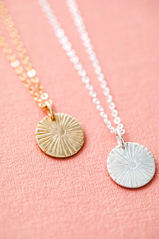 Ladies geometric necklaces -sunburst coin necklace { silver + gold }