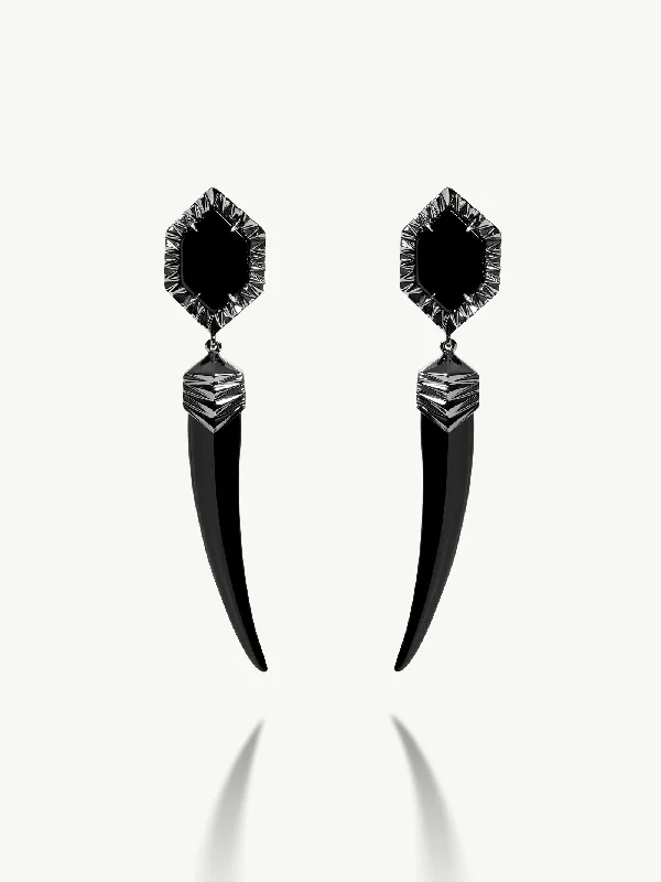 Elegant pearl tassel earrings for ladies -Alexandria Horn Talisman Drop Earrings With Black Onyx Agate In 18K Blackened Gold