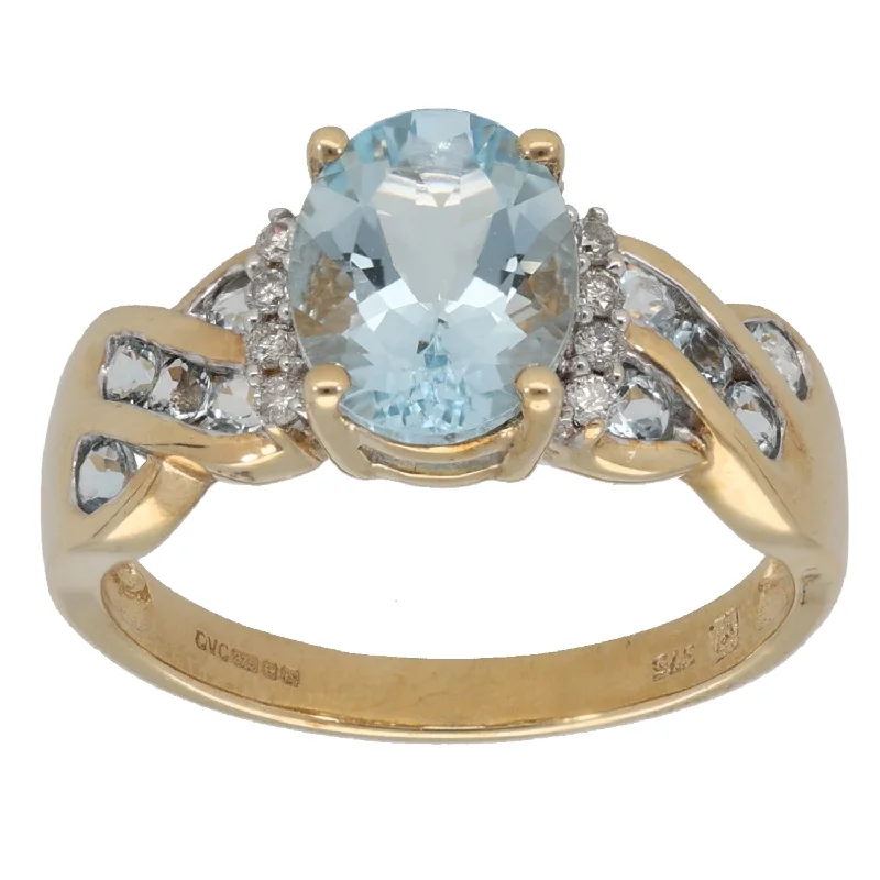 Ladies boho-inspired engagement rings -9ct Gold Aquamarine & 0.04ct Diamond Dress/Cocktail Ring Size N