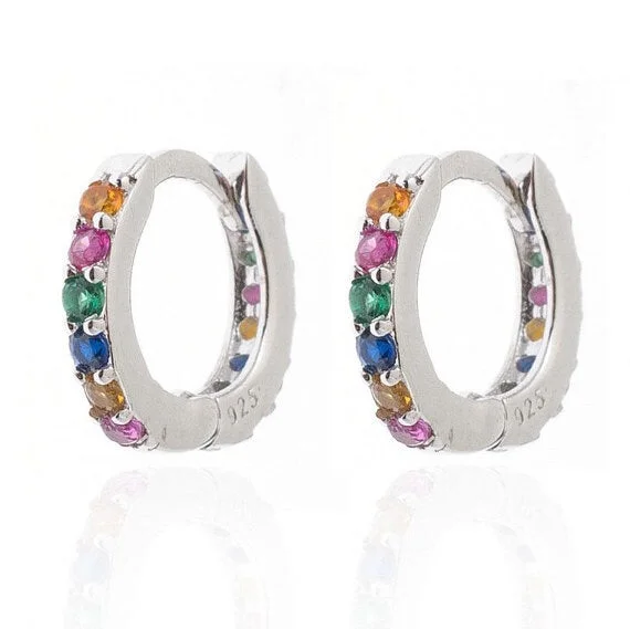 Delicate silver hoop earrings for ladies -Rainbow Mini Hoops