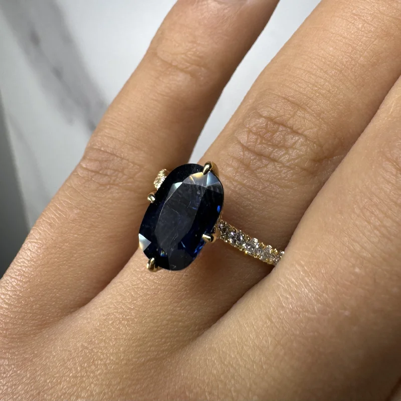 Elegant silver engagement rings for women -"Dorie" Blue Sapphire 4 Carat Under Halo Diamond Shoulder Gemstone Ring