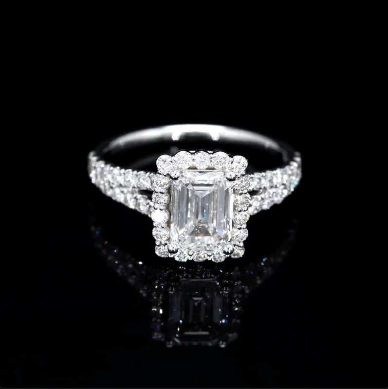 Ladies emerald oval engagement rings -Emerald-Cut Lab Diamond Halo Ring