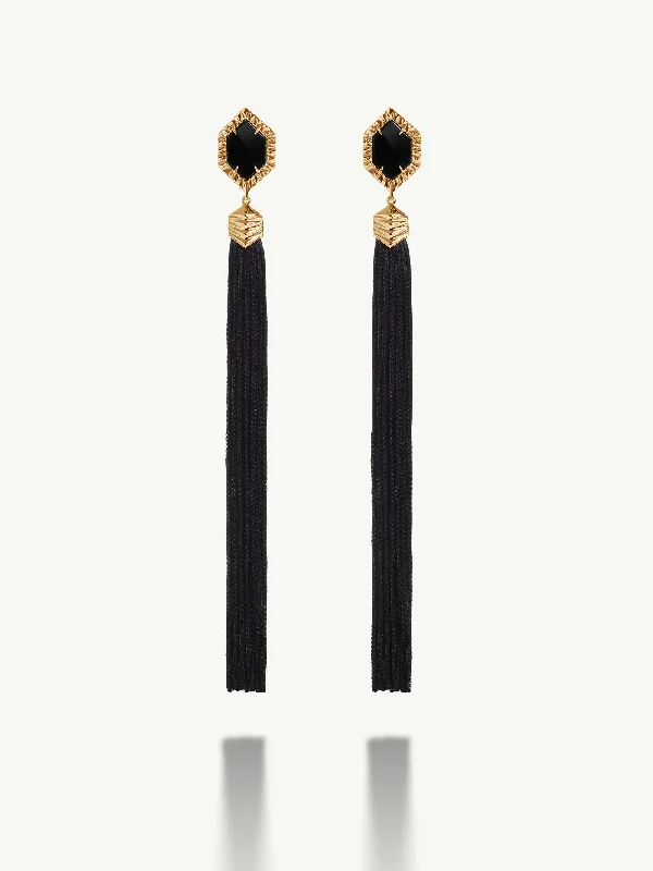 Ladies minimalist pearl drop earrings -Alexandria Tassel Earrings With Black Onyx Agate  in 18K Yellow Gold