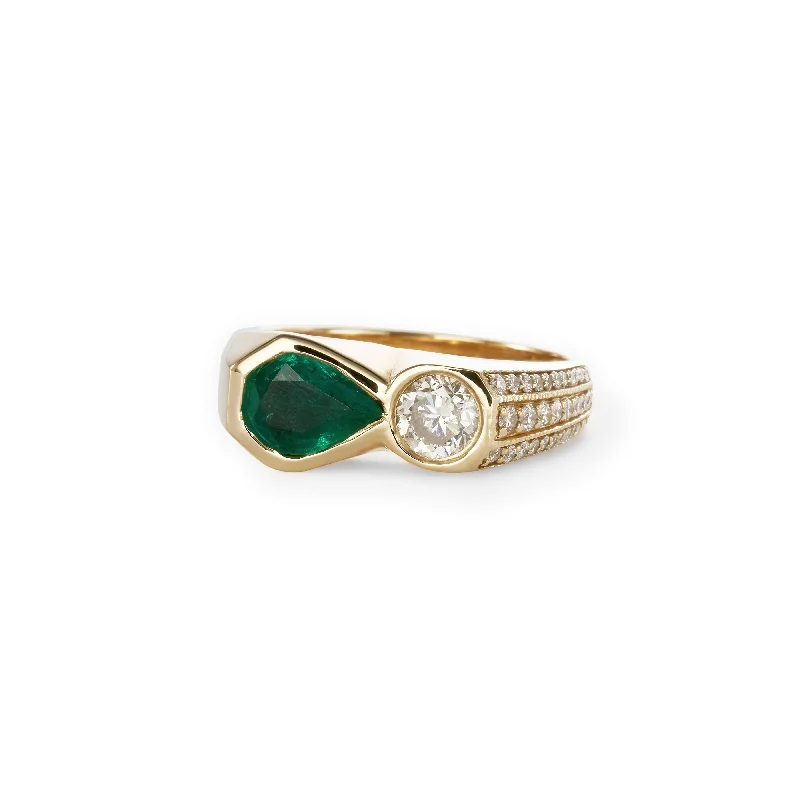 Ladies minimalist gold engagement rings -TEARDROP EMERALD + ROUND DIAMOND PAVE SIDE RING