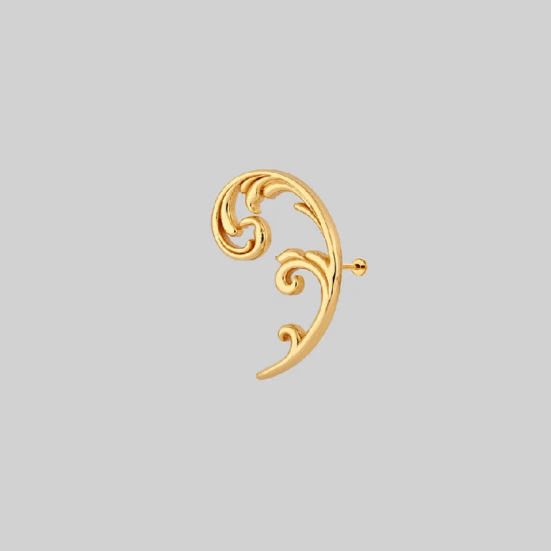 Ladies lightweight hoop earrings -IMPERIAL. Ornate Flourish Arch Stud Earring - Gold