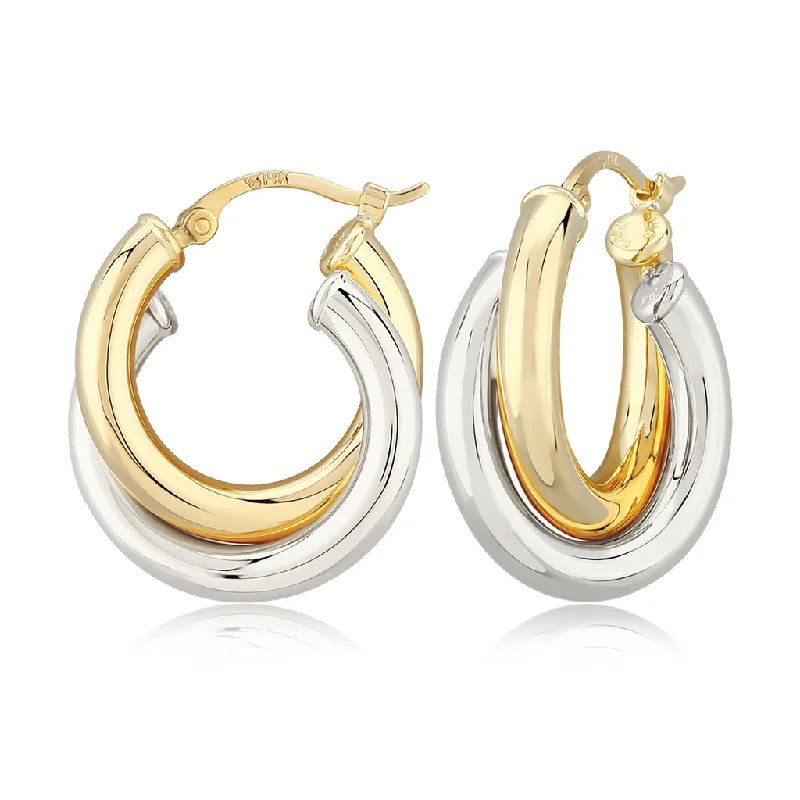 Bold statement chandelier earrings for women -14K Yellow And White Gold Double Tube Hoop Earrings