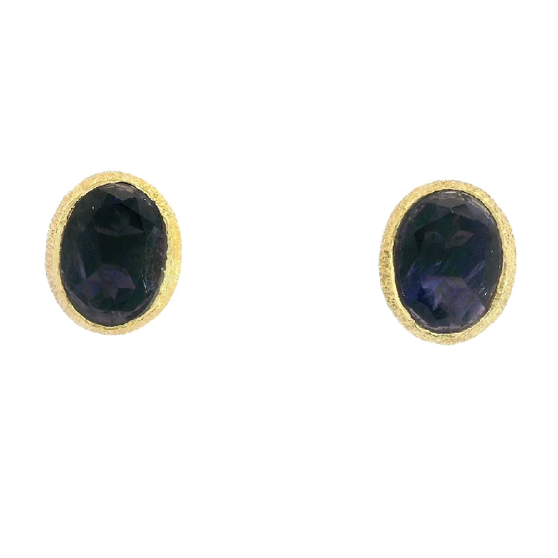 Trendy geometric drop earrings for women -18K Yellow Gold Vermeil Oval Sapphire Stud Earrings