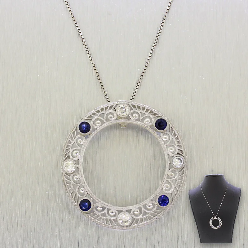 Classic pearl necklaces for women -Art Deco Diamond & Sapphire Circle Pendant - Platinum & 14k Gold - Necklace 22"