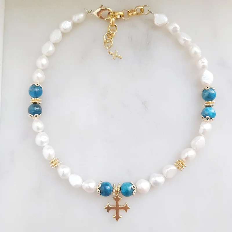 Ladies aquamarine necklaces -Pearl and Cross Necklace