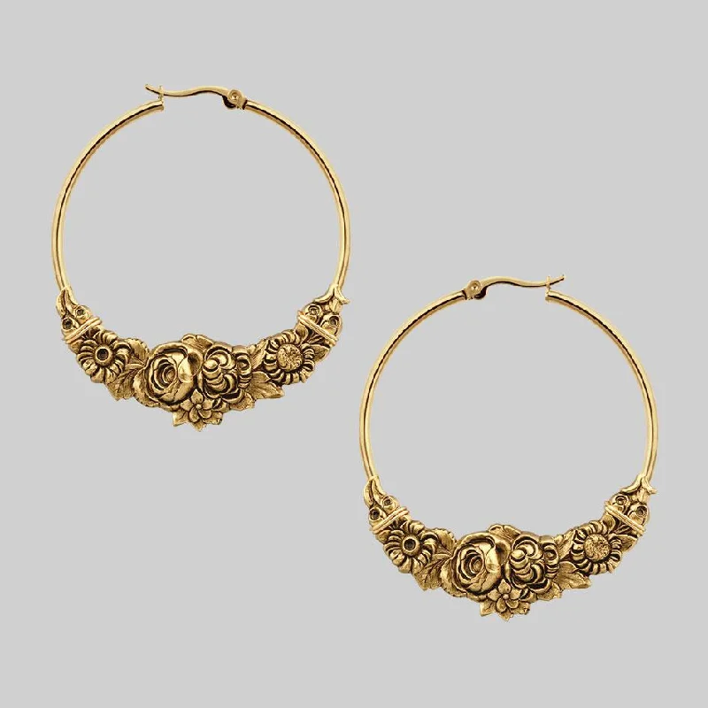 Vintage crystal drop earrings for ladies -EMINENCE. Romantic Floral Hoop Earrings - Gold