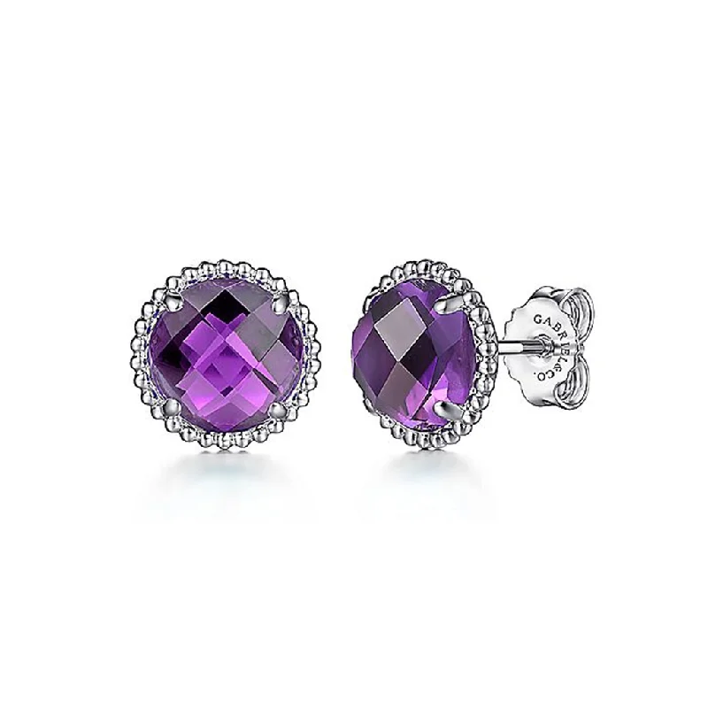 Ladies trendy tassel hoop earrings -Sterling Silver Amethyst Stud Earrings With Bujukan Bead Frame