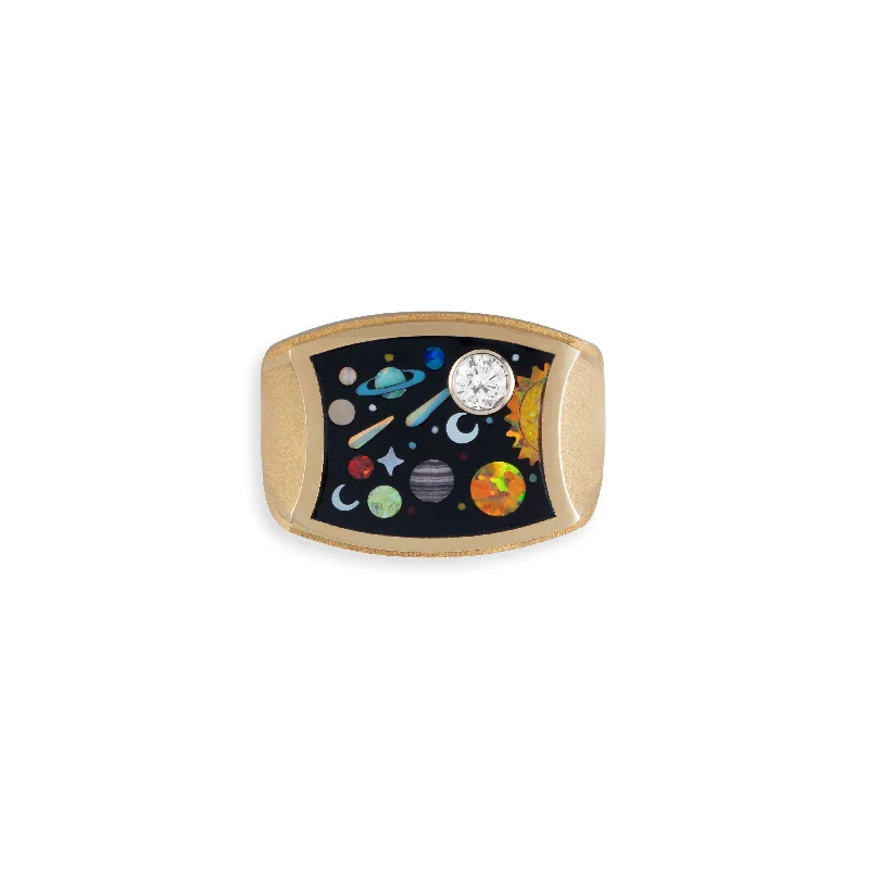 Ladies retro floral engagement rings -DIAMOND GALAXY INLAY CONCAVE RECTANGLE RING