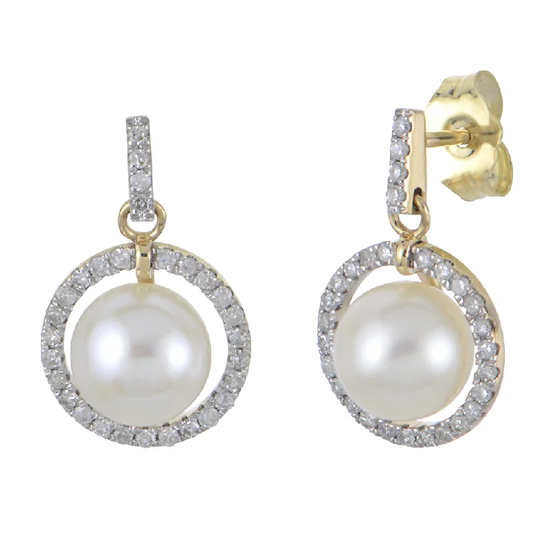 Vintage pearl dangle earrings for ladies -14K Yellow Gold Pearls And Diamond Halo Earrings