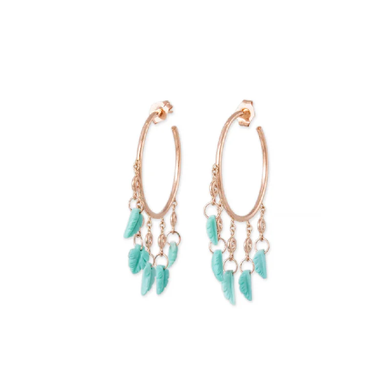 Elegant silver drop earrings for women -5 DIAMOND TURQUOISE LEAF SHAKER HOOPS