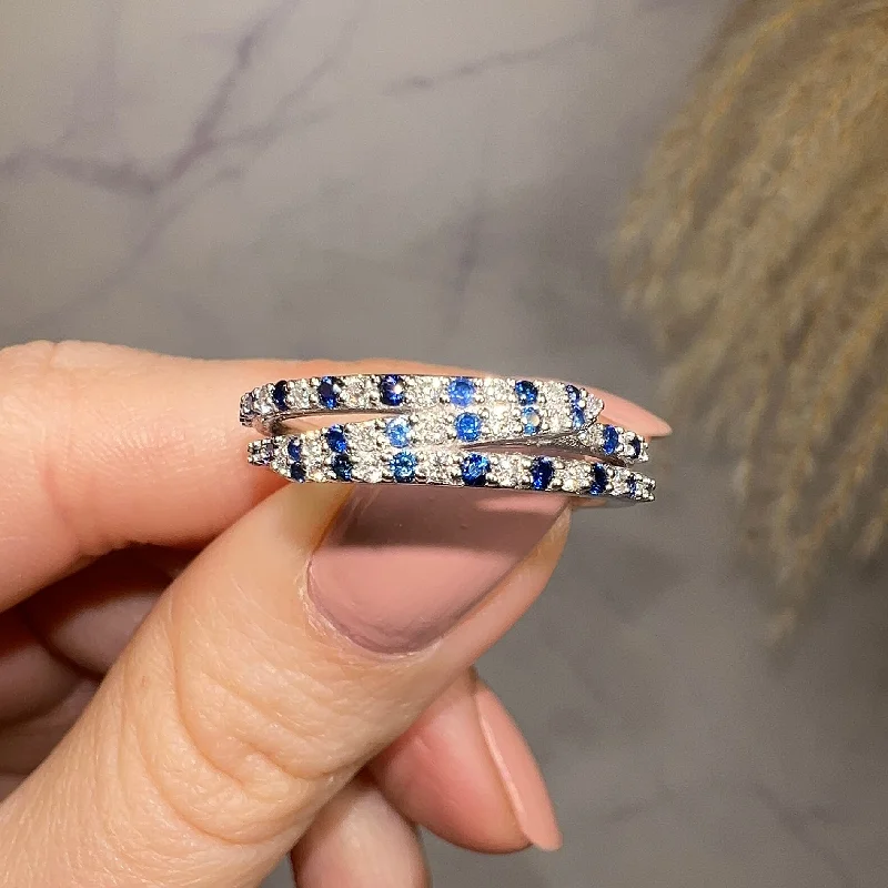 Vintage gold halo engagement rings -"Lucille" Irregular Crossover Zig Zag Blue and White Diamond Eternity Ring