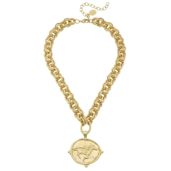 Ladies lightweight necklaces -Gold Race Horse Medallion Necklace - Susan Shaw