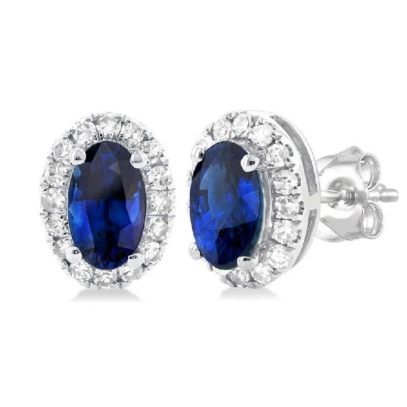 Ladies unique moon phase earrings -10K White Gold Sapphire And Diamond Halo Earrings