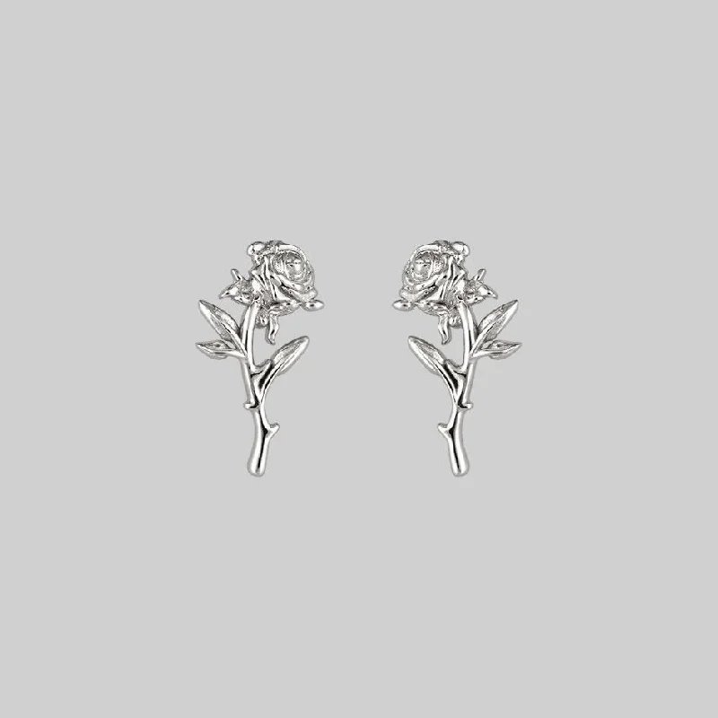 Trendy geometric drop earrings for women -AMOR. Rose Stem Stud Earrings - Silver