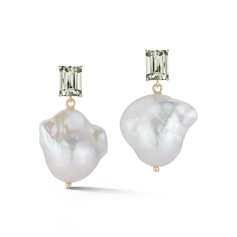 Classic pearl chandelier earrings for women -14kt Green Amethyst and Baroque Pearl Drop Earrings