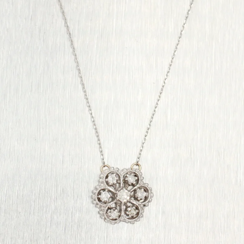 Elegant long necklaces for women -Antique Art Deco 0.45ctw Diamond Flower Pendant - 14k White Gold Necklace - 16"