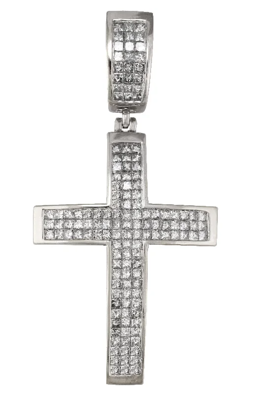 Ladies minimalist necklaces -Men's Large 14K White Gold 4.38ctw Princess Cut Diamond Cross Crucifix Pendant