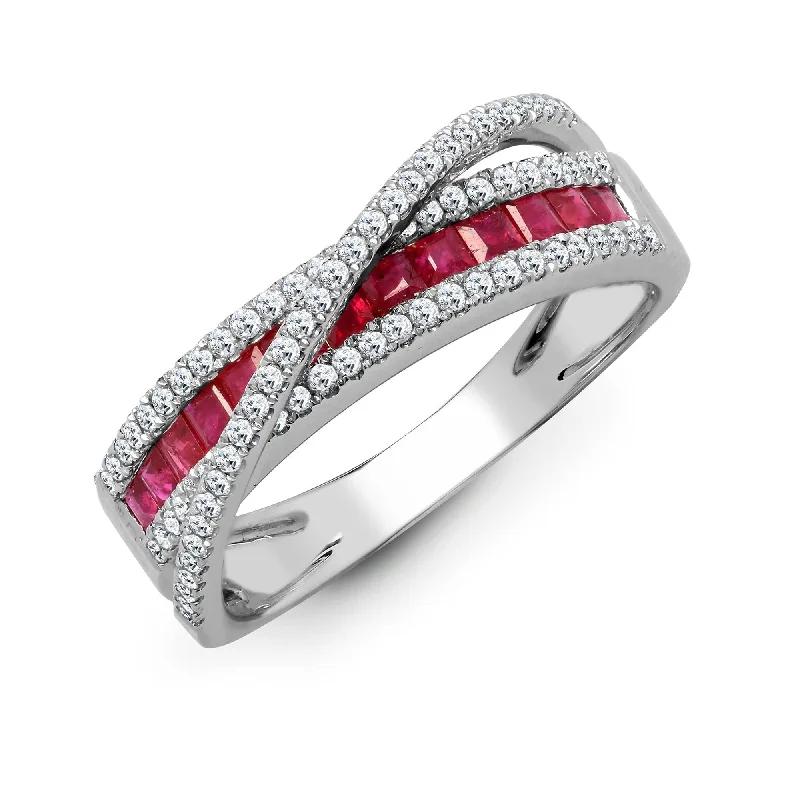 Ladies sparkling ruby engagement rings -18ct White Diamond-0.36ct Ruby-0.63ct Crossover Ring