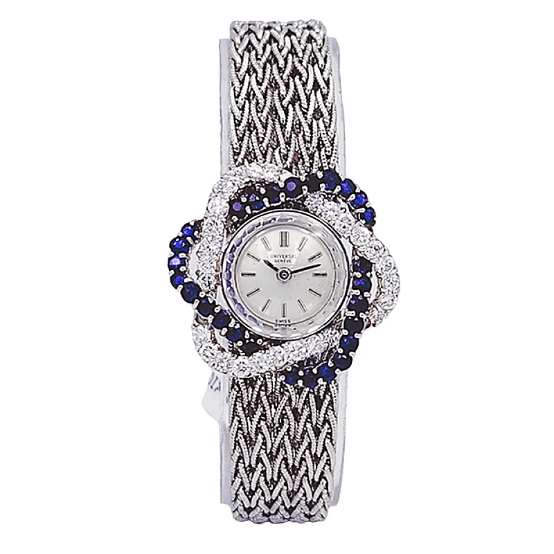 Elegant silver halo engagement rings -Ladies Universal Genève Vintage 22mm Watch with Blue Saphire / Natural Diamonds in 18K White Gold Band. (Pre-Owned)