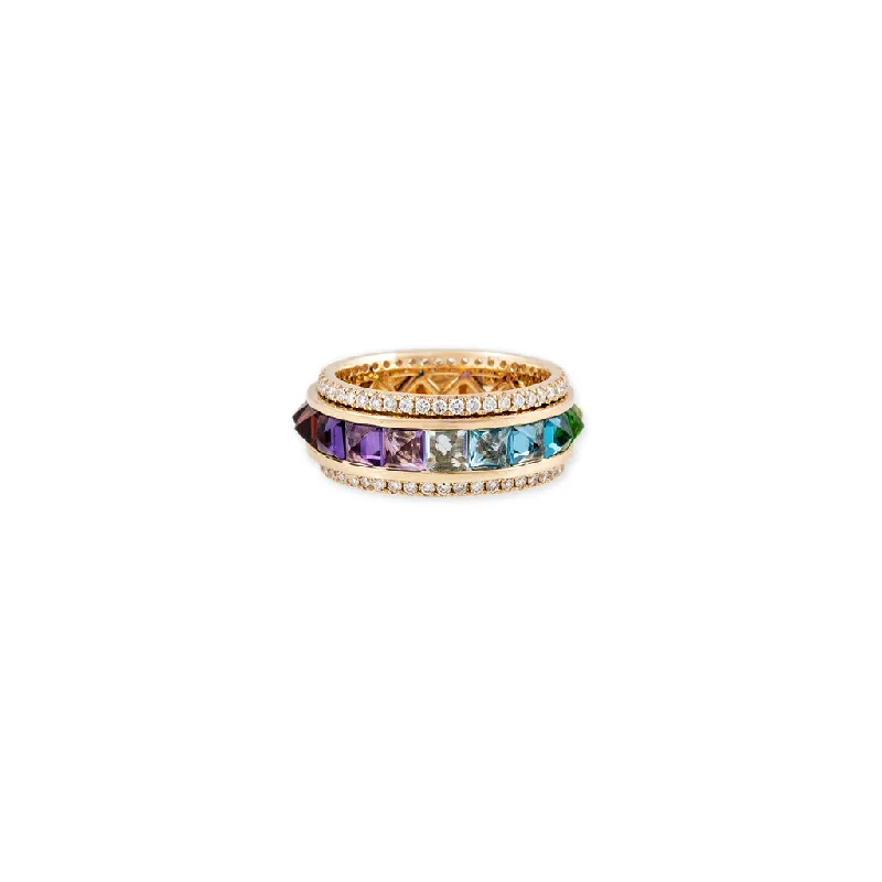 Classic silver oval engagement rings -PAVE DIAMOND RAINBOW SAPPHIRE SPIKE SPINNER RING