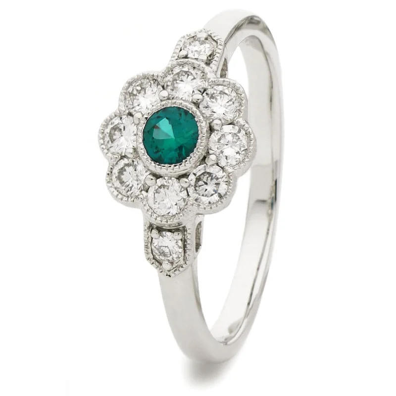 Modern diamond oval engagement rings -Round Emerald Diamond Cluster Ring