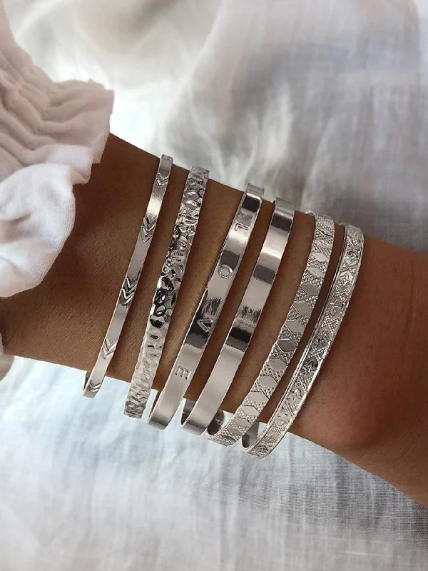 Simple silver chain bracelets for ladies -6pcs/set Textured Cuff Bangle