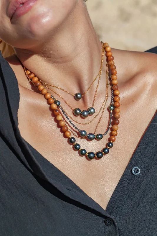 Ladies birthstone necklaces -Seven Tahitian Pearl Sandalwood Necklace - Moana