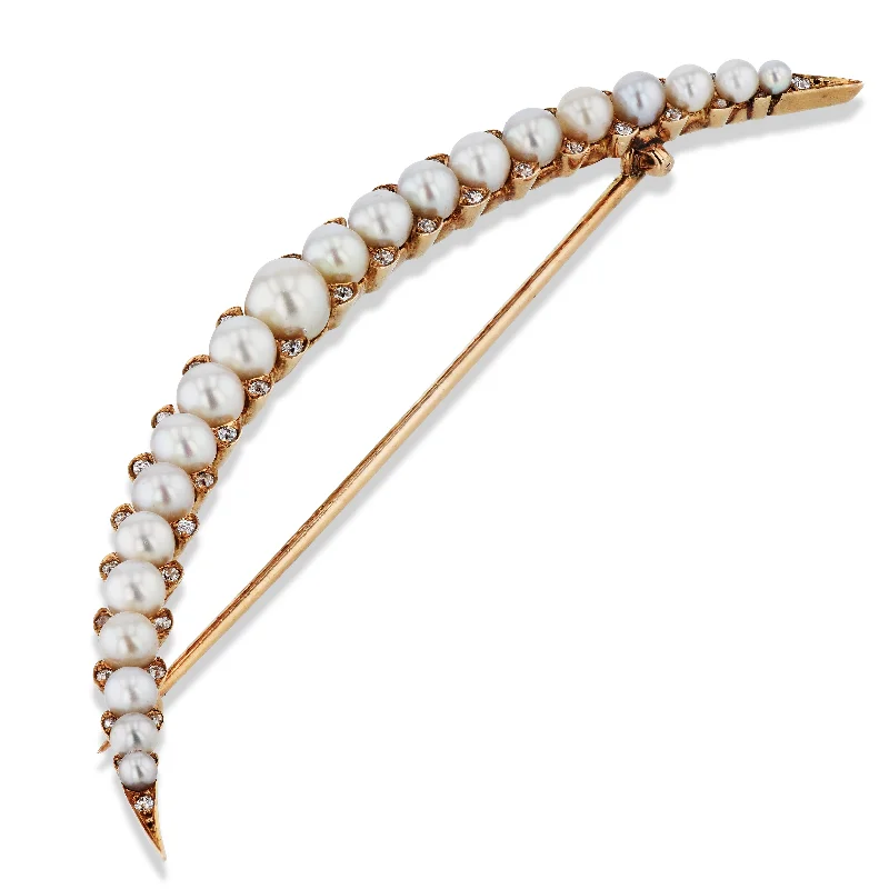 Ladies oversized diamond engagement rings -14kt Yellow Gold Pearl and Diamond Crescent Moon Estate Pin