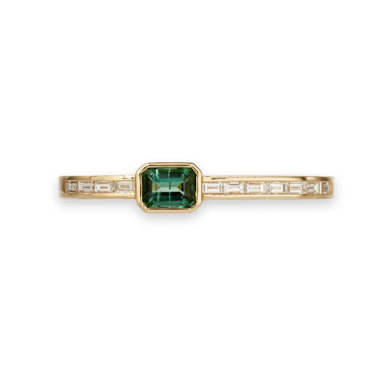 Classic silver halo engagement rings -GREEN TOURMALINE BAGUETTE + BAGUETTE DIAMOND DOUBLE KNUCKLE RING