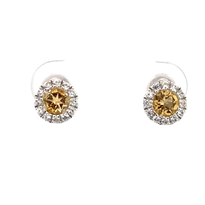 Delicate silver dangle earrings for women -November Birthstone Earrings: Sterling Silver Round Citrines Halo Earrings