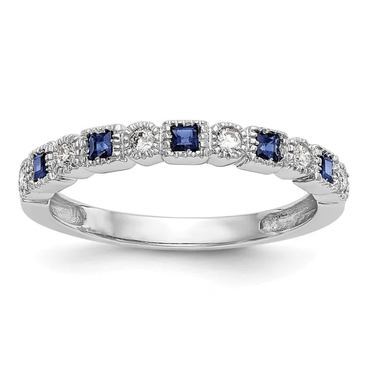 Delicate platinum engagement rings for women -14k White Gold 1/10 carat Diamond and Blue Sapphire Complete Band