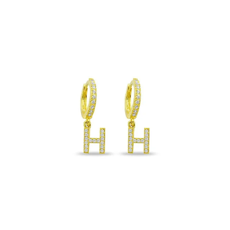 Simple silver drop earrings for ladies -Diamond 14K Initial Huggies