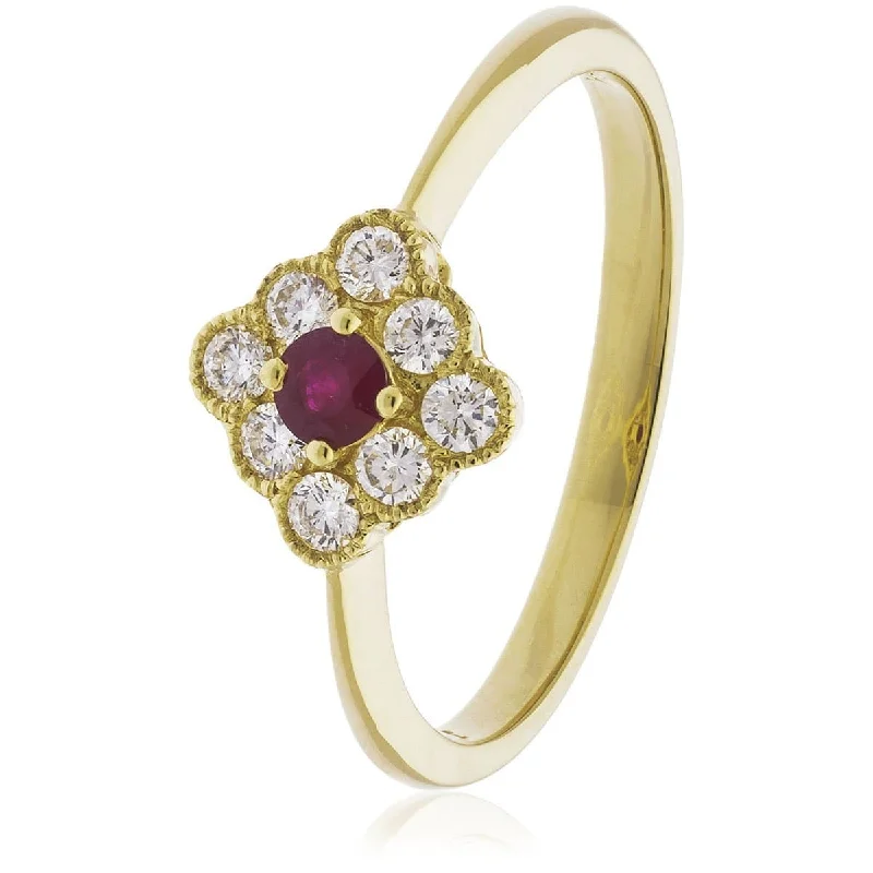 Ladies classic pearl engagement rings -18ct Yellow Gold Ruby and Diamond Deco Cluster Ring