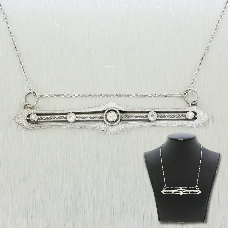 Elegant statement necklaces for ladies -1930's Antique Art Deco 14k White Gold 18" 0.45ctw Diamond Filigree Bar Necklace